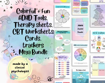 Bundle ADHD therapy worksheets adhd digital planner growth mindset adhd cards mental health teens adults ADHD kids printable adhd workbook