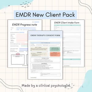 May include: A set of three white paper documents titled EMDR New Client Pack, EMDR Progress note, EMDR Client Intake Form, and EMDR Therapy Consent Form. The forms feature black text, blue, peach, and green accents, and structured fields for client data.