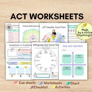 以下が含まれることがあります： 「ACT Life」や「Values Bulls Eye」などのタイトルが付いた、ACTワークシートのコレクション。画像には、ビジュアルチャート、ダイヤルツール、マトリックスが含まれており、「Made by a clinical Psychologist」というテキストが表示されています。