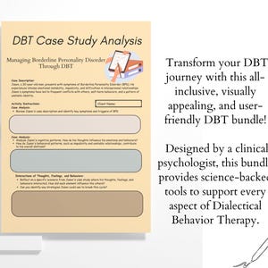 Pu&ograve; includere: Un foglio di lavoro per l'analisi del caso di studio DBT con il titolo "DBT Case Study Analysis" e il sottotitolo "Managing Borderline Personality Disorder Through DBT". Il foglio di lavoro include campi di testo e richieste per l'analisi del caso.