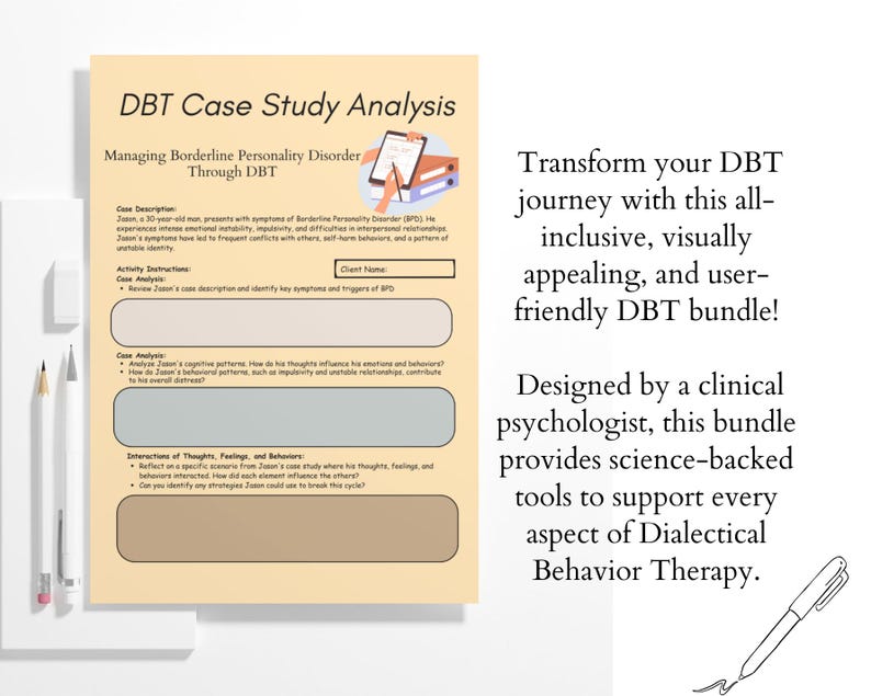 Pu&ograve; includere: Un foglio di lavoro per l'analisi del caso di studio DBT con il titolo "DBT Case Study Analysis" e il sottotitolo "Managing Borderline Personality Disorder Through DBT". Il foglio di lavoro include campi di testo e richieste per l'analisi del caso.
