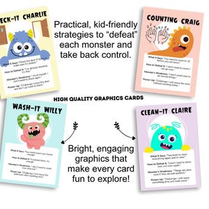 May include: Four colorful cards with cartoon monsters and text. Each card has a title, "Check-It Charlie", "Counting Craig", "Wash-It Willy", and "Clean-It Claire". The text on each card describes a monster's weakness and how to defeat it. The cards are part of a set of educational games for children.