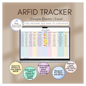 May include: A laptop screen displays an ARFID Tracker spreadsheet, designed for teens and adults. The tracker is color-coded for intuitive tracking and supports sensory and fear-based ARFID. The design balances visual softness with clinical clarity.