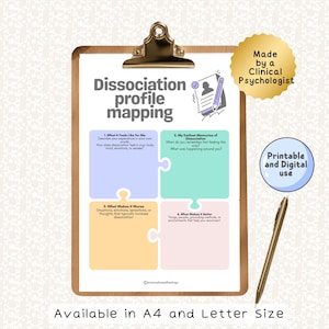 May include: A clipboard with a "Dissociation profile mapping" worksheet. The worksheet has four sections with prompts, a pen, and a gold seal that says "Made by a Clinical Psychologist". The text "Printable and Digital use" is also visible.