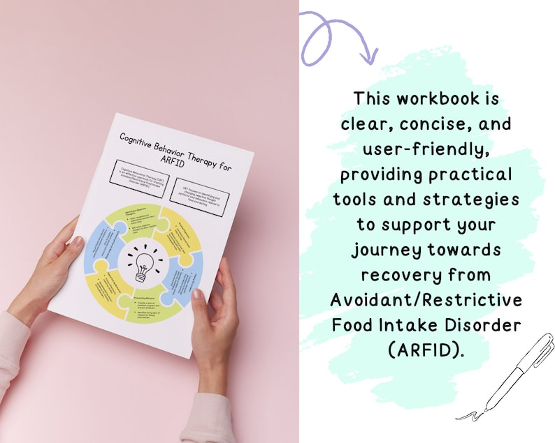 Pu&ograve; includere: Un quaderno di lavoro intitolato "Cognitive Behavior Therapy for ARFID" con un diagramma di pezzi di puzzle di colore blu chiaro, giallo e verde con una lampadina al centro. Il testo sulla pagina descrive il quaderno di lavoro come chiaro, conciso e facile da usare, fornendo strumenti e strategie pratiche per supportare il recupero dal disturbo alimentare evitativo/restrittivo (ARFID).