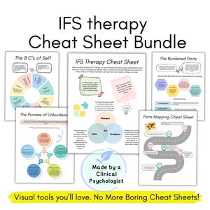 May include: A collection of IFS therapy cheat sheets, including "The 8 C's of Self" and "Parts Mapping Cheat Sheet." The image features the text "IFS therapy Cheat Sheet Bundle" and "Made by a Clinical Psychologist."