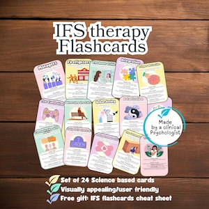 May include: A collection of IFS therapy flashcards displayed on a wooden background. The cards have various illustrations and text, including titles such as "Firefighters" and "Integration." The image also includes text indicating the cards are science-based and user-friendly.