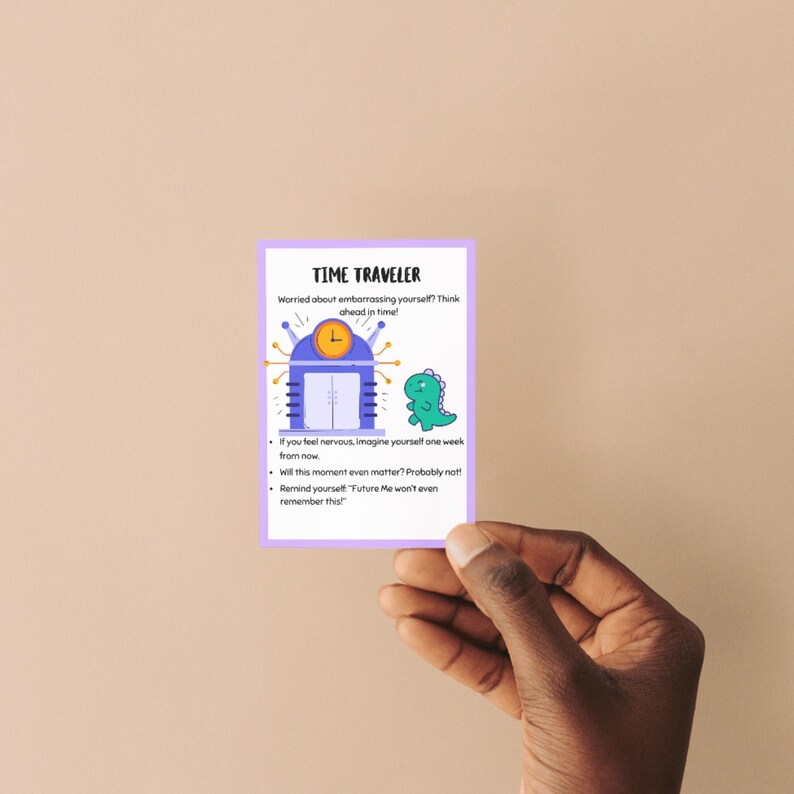 May include: A Time Traveler card with a purple border, held by a hand. The card features a cartoon image of a time machine and a green dinosaur. Text on the card reads: "Worried about embarrassing yourself? Think ahead in time!"