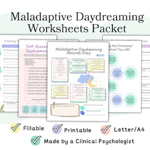 Pode incluir: Um conjunto de folhas de trabalho imprimíveis para sonhar acordado de forma maladaptativa. As folhas de trabalho são projetadas para ajudar as pessoas a entender e gerenciar seus sonhos acordados. As folhas de trabalho são feitas por um psicólogo clínico e estão disponíveis no tamanho carta/A4.