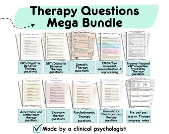 Therapy questions bundle, CBT, DBT, Somatic therapy, EMDR, cognitive processing, acceptance commitment, psychodynamic, humanistic, exposure