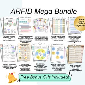 May include: The image showcases the "ARFID Mega Bundle," a collection of educational resources for ARFID. It includes infographics, self-assessment sheets, coping skills flashcards, food intake guides, and worksheets. The bundle is designed by a clinical psychologist and includes a free bonus gift.