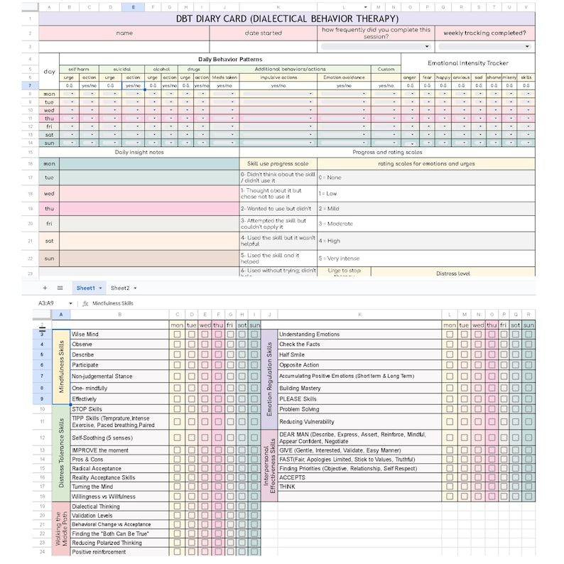 DBT Diary Card Google Sheets Template, Tracker DBT Skills Worksheets ...