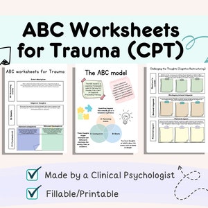 Pode incluir: Folhas de trabalho imprimíveis para terapia de processamento cognitivo (CPT) usando o modelo ABC. As folhas de trabalho são intituladas "Folhas de trabalho ABC para trauma" e "Desafiando os pensamentos (reestruturação cognitiva)".