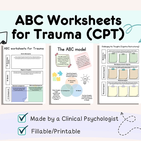 CPT worksheet, ABC worksheet trauma, Cognitive processing therapy, CPT for trauma, abc model, trauma focused worksheets, trauma worksheets
