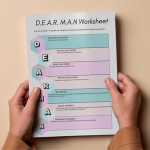 Puede incluir: Una hoja de trabajo titulada "D.E.A.R. M.A.N Worksheet" para la comunicación asertiva, sostenida por manos. El documento tiene un diseño en verde azulado, rosa y blanco. Proporciona orientación sobre cómo organizar los pensamientos y comunicarse eficazmente en conversaciones difíciles.