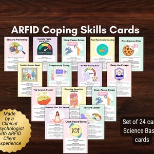 May include: A set of 24 ARFID Coping Skills Cards with colorful illustrations and text. The cards are arranged in a fan shape on a dark wood surface. The cards are science-based and made by a clinical psychologist.
