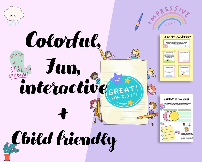 May include: Colourful printable worksheets for children with the text "What are boundaries?" and "Social Media Boundary". The worksheets feature cartoon illustrations of children and a rainbow.