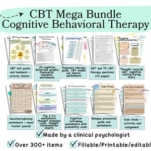 CBT bundle CBT worksheets cognitive behavior therapy cognitive distortion cards CBT workbook cbt journal cognitive behavioral therapy pdf