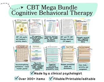 May include: A digital download of a CBT Mega Bundle for Cognitive Behavioral Therapy. The bundle includes over 300 printable and editable worksheets, journals, and other resources. The image shows a variety of worksheets, including mood trackers, thought records, and cognitive restructuring exercises.