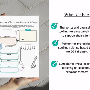 Pu&ograve; includere: Un foglio di lavoro per l'analisi della catena comportamentale, tenuto da una persona, con sezioni per l'azione mirata, gli eventi scatenanti e le abilit&agrave; alternative. Il foglio di lavoro include il testo "Who Is It For?" ed &egrave; per i terapisti.