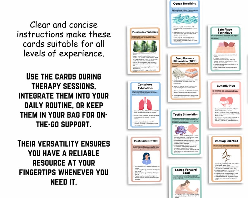 May include: A set of 10 colorful cards with illustrations and text. Each card features a different grounding technique, such as ocean breathing, visualization, deep pressure stimulation, conscious exhalation, tactile stimulation, safe place technique, butterfly hug, diaphragmatic focus, seated forward bend, and rooting exercise.