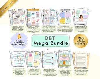 DBT mega bundle, Dialectical Behavior Therapy worksheets, Flashcards, activites, exercises, therapy questions, case study, and more