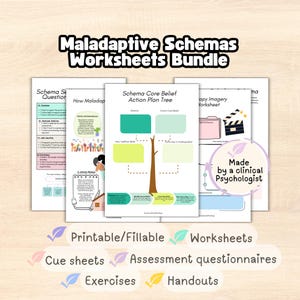 Puede incluir: Un conjunto de hojas de trabajo imprimibles y rellenables tituladas "Maladaptive Schemas Worksheets Bundle". Las hojas de trabajo incluyen hojas de pistas, cuestionarios de evaluación, ejercicios y folletos. La imagen también incluye el texto "Made by a clinical Psychologist."