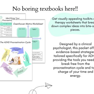 May include: Two printable worksheets for managing procrastination. The first worksheet is titled "Identifying Your Procrastination" and the second is titled "Eisenhower Matrix Worksheet". The second worksheet has a colorful diagram of a procrastination cycle titled "The ADHD Procrastination Cycle".