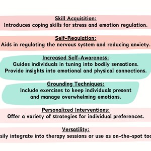 May include: A graphic with a light pink and light blue background. The graphic lists six benefits of using grounding techniques. The benefits include skill acquisition, self-regulation, increased self-awareness, grounding techniques, personalized interventions, and versatility.