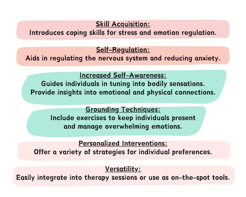 May include: A graphic with a light pink and light blue background. The graphic lists six benefits of using grounding techniques. The benefits include skill acquisition, self-regulation, increased self-awareness, grounding techniques, personalized interventions, and versatility.