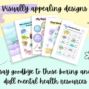 May include: A set of printable worksheets for mental health activities. The worksheets feature colorful illustrations of bugs, buttons, clouds, and rainbows. The text on the worksheets includes "When someone's angry I can say", "My Anger", "Cool Down", and "Emotion Clouds".