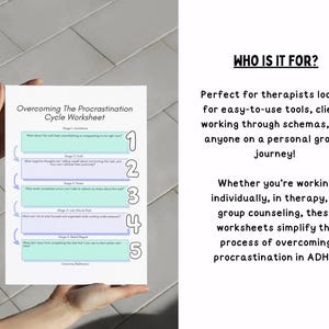 May include: A printable worksheet titled "Overcoming The Procrastination Cycle Worksheet" with five steps to help overcome procrastination. The worksheet is held in a person's hands.