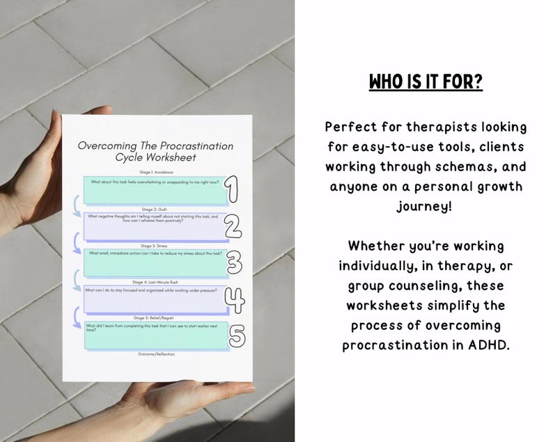 May include: A printable worksheet titled "Overcoming The Procrastination Cycle Worksheet" with five steps to help overcome procrastination. The worksheet is held in a person's hands.
