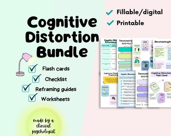 Cognitive distortion bundle cards cognitive bias flashcards cognitive distortion worksheets challenging negative thoughts therapy tools