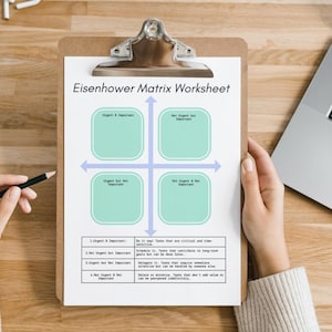 May include: A printable Eisenhower Matrix Worksheet on a clipboard. The worksheet is divided into four quadrants labeled "Urgent & Important", "Not Urgent but Important", "Urgent but Not Important", and "Not Urgent & Not Important".