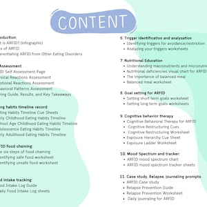 Pu&ograve; includere: Una guida illustrata in verde e blu con la parola "CONTENT" in un grande carattere bianco. La guida elenca il contenuto di un quaderno di lavoro per persone con disturbo dell'alimentazione evitante-restrittiva (ARFID).