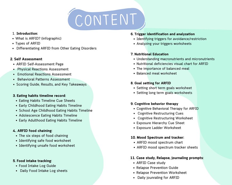 Pu&ograve; includere: Una guida illustrata in verde e blu con la parola "CONTENT" in un grande carattere bianco. La guida elenca il contenuto di un quaderno di lavoro per persone con disturbo dell'alimentazione evitante-restrittiva (ARFID).