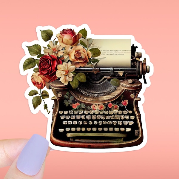 Vintage Typewriter and Roses STICKER, waterproof die cut decal, blooming writer gift, romantic writer vibes, author gift, romance novels