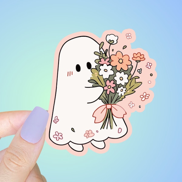 Sweet little ghost holding flowers STICKER! Cute ghost and pretty flowers, with a delicate pink border, perfect for Halloween all year!