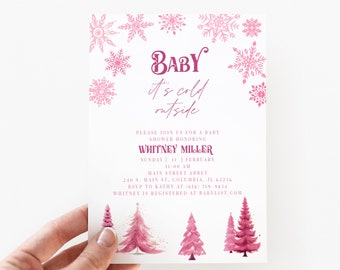 Baby It's Cold Outside Baby Shower Invitation | DIY Invitation Template | Editable Print at Home Download | Snowflake Pink Shower | Elsa