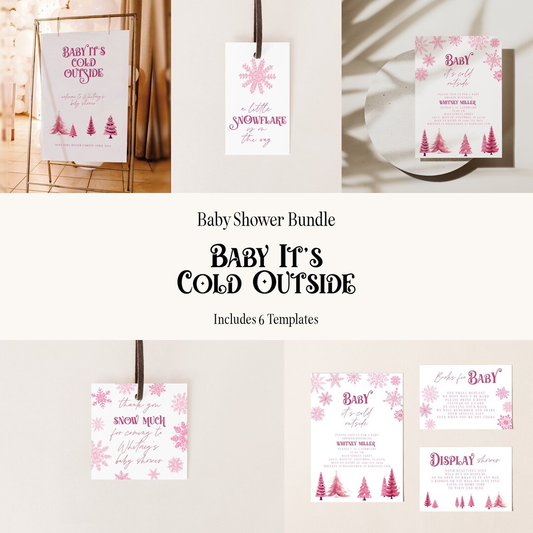 Baby Shower Stationary Bundle Baby It's Cold Outside Pink Winter Baby Shower DIY Template Elsa