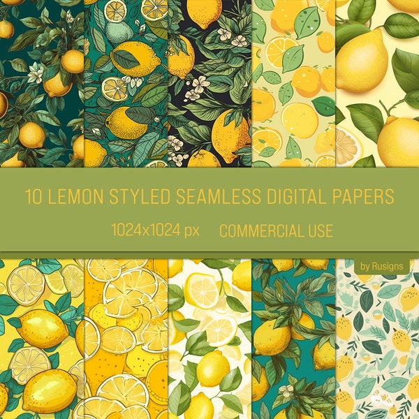 INSTANT DOWNLOAD Print Digital Paper Scrapbook Paper 10 Seamless Lemon Patterns, Commercial Use, Lemon Digital Papers