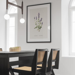 Pode incluir: Uma impress&atilde;o bot&acirc;nica de flores de lavanda emoldurada em preto com o texto "Lavender | Lavandula" na parte inferior. A impress&atilde;o est&aacute; pendurada em uma parede branca acima de uma mesa de jantar preta com duas cadeiras pretas com assentos de vime tran&ccedil;ado.