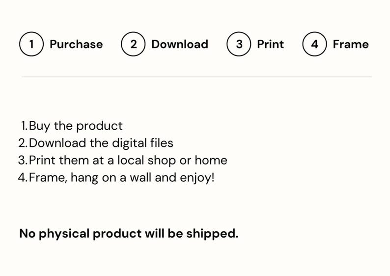 Pode incluir: Um guia de download digital com quatro etapas: compra, download, impress&atilde;o e enquadramento. O guia explica que nenhum produto f&iacute;sico ser&aacute; enviado.