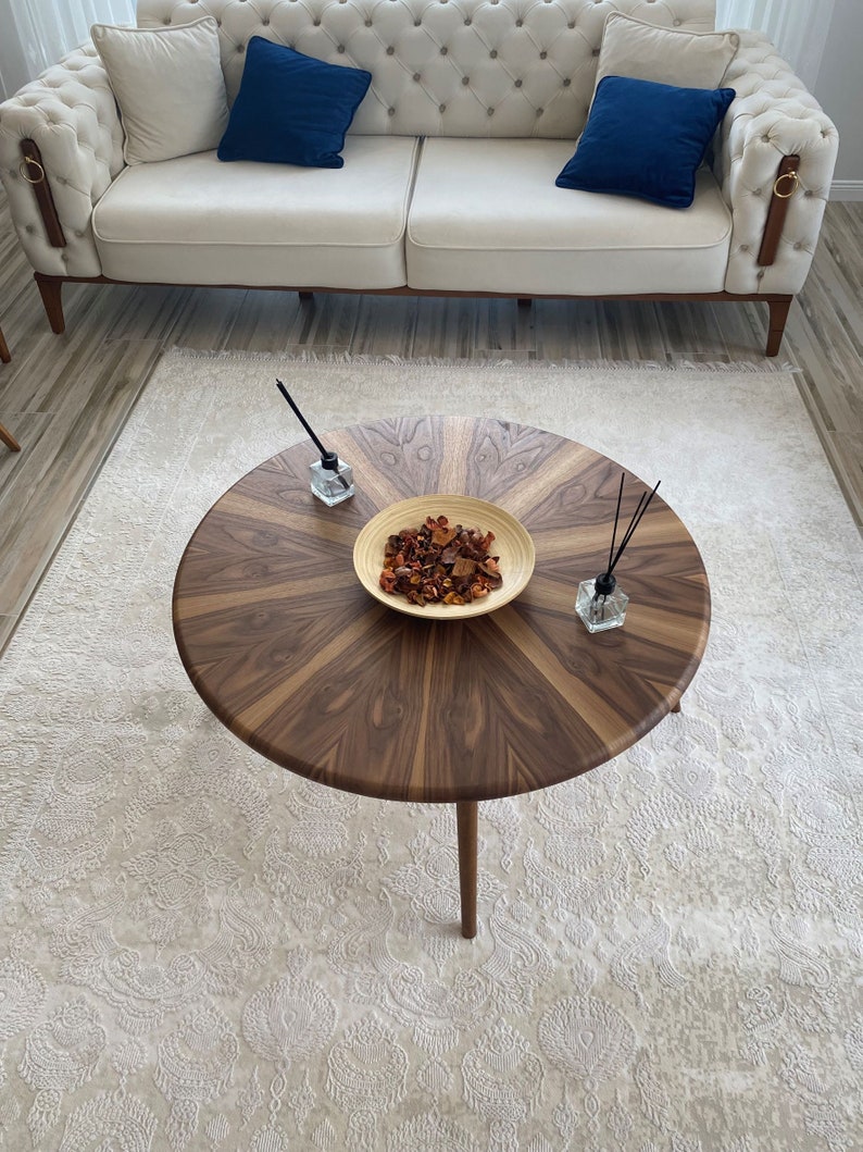 Wooden Round Walnut Coffee Table Mid Century Modern Coffee Etsy