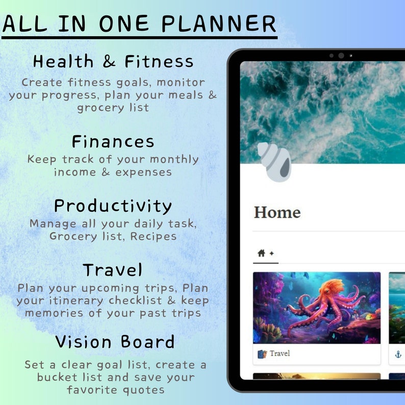 Notion Template All in One Planner, Doneforyou Fitness Plan, Editable