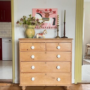 Antique Pine Chest of Drawers with Original White Porcelain Knobs