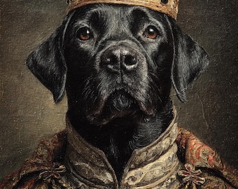 Black Lab King Portrait – Custom Dog Art in Royal Gold Crown