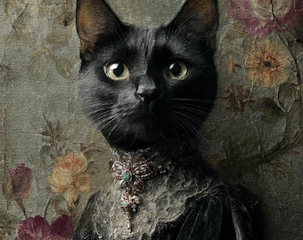 Custom Victorian Pet Portrait: Floral Cat Art in Elegant Dress