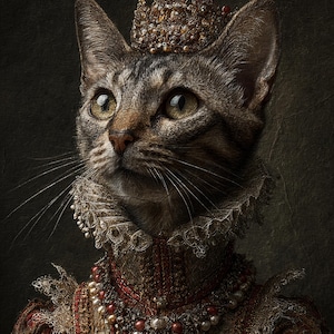 Regal Queen Cat Portrait – Custom Pet Art in Renaissance Crown & Gown